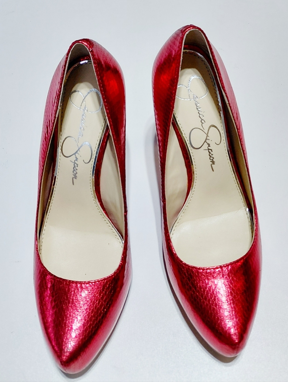 JESSICA SIMPSON Women's Parisah  Red Metallic Snakeskin Stiletto Heels  Size 6